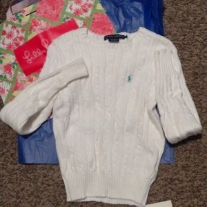 Ralph Lauren White Cable Knit Sweater with Light Blue Pony